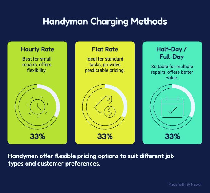 Handyman pricing methods including hourly rate, flat rate, and half-day or full-day service options.