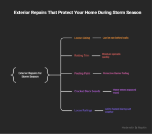 Storm-season exterior repair risks, including loose siding, rotting trim, and damaged decks.