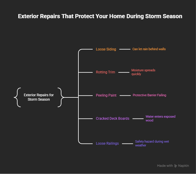 Storm-season exterior repair risks, including loose siding, rotting trim, and damaged decks.