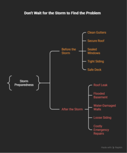 Before-and-after storm infographic showing preventive home repairs versus costly storm damage.