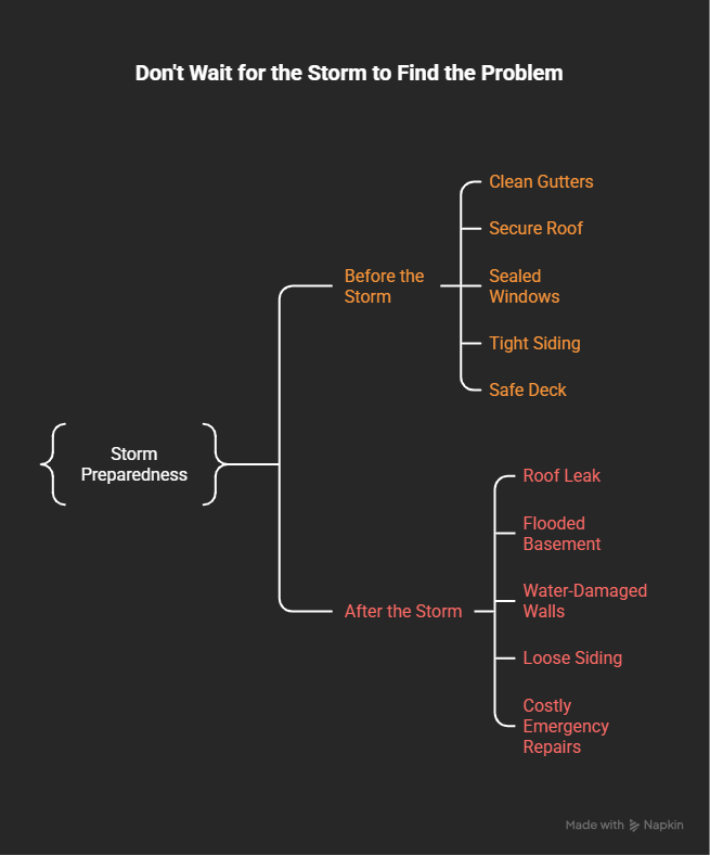 Before-and-after storm infographic showing preventive home repairs versus costly storm damage.