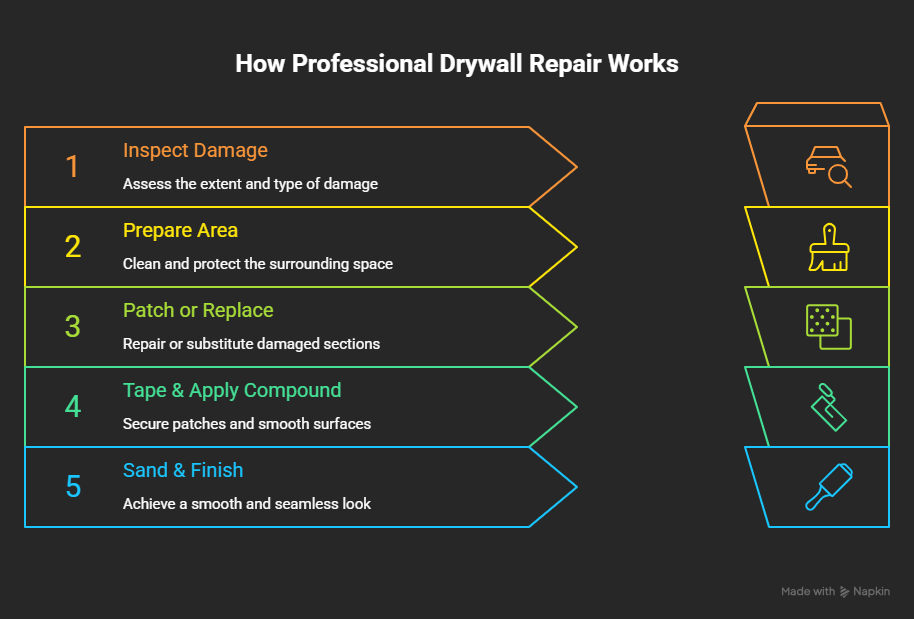 Five-step professional drywall repair process infographic.