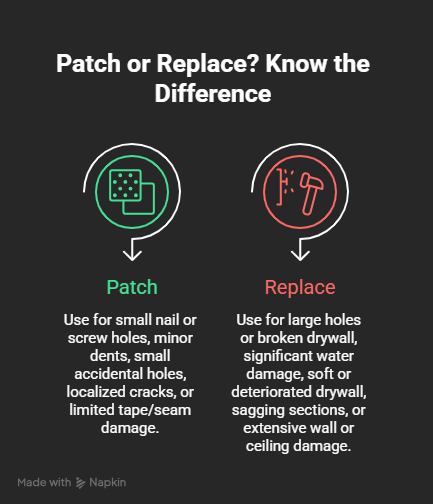 Patch vs. replace drywall damage infographic.